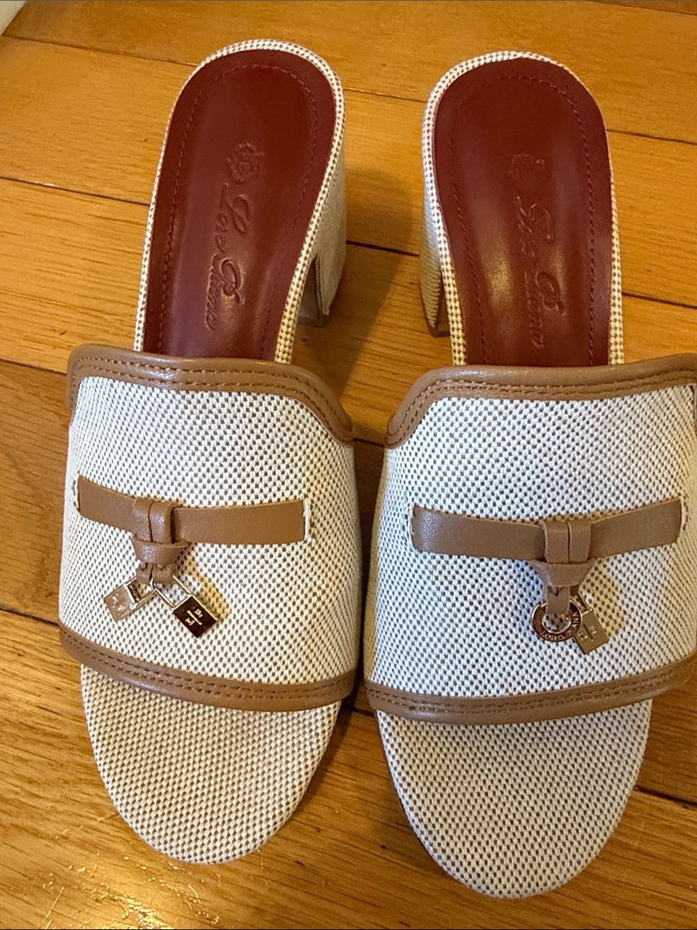Loeffler Randall White and Tan Slip-On Mules with Charm Detail